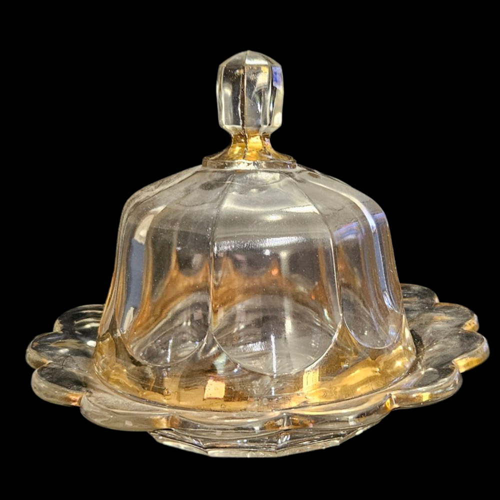 Vintage Clear Pressed Glass Butter Bell Gold Trim Scalloped Starburst Base